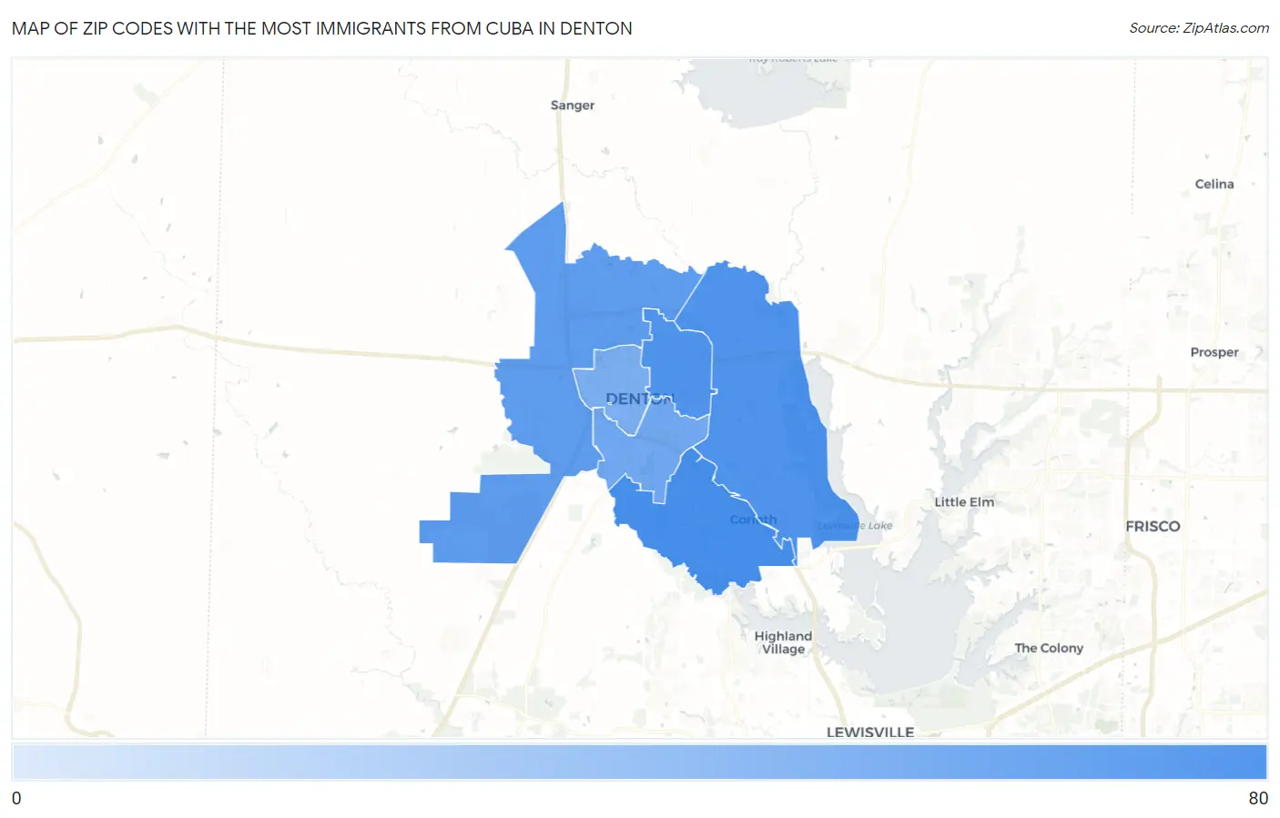 Zip Codes with the Most Immigrants from Cuba in Denton Map