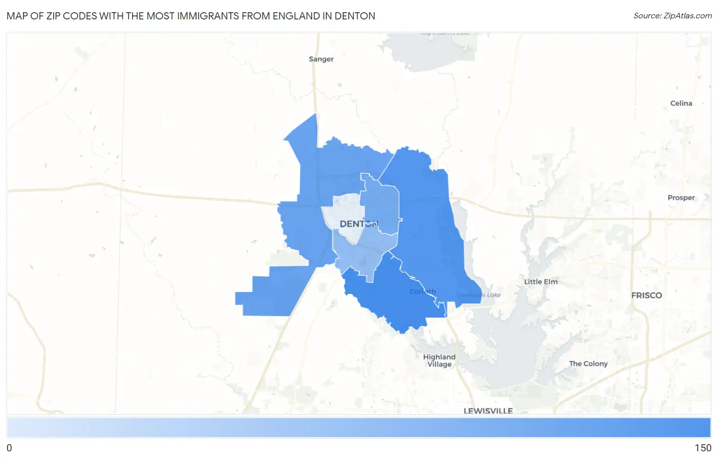 Zip Codes with the Most Immigrants from England in Denton Map