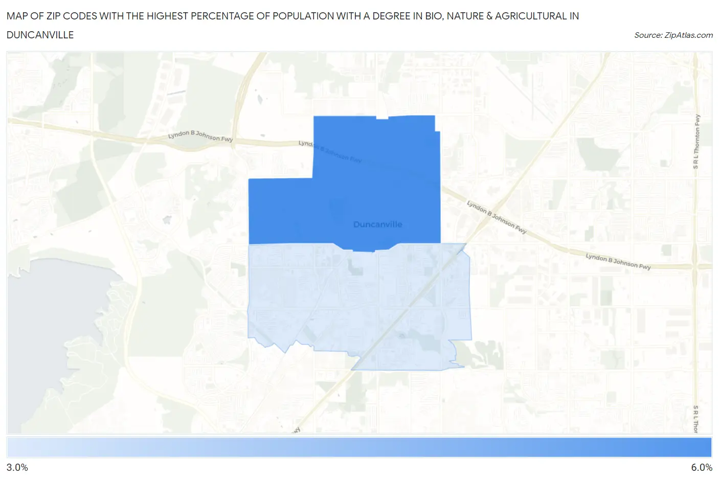 Zip Codes with the Highest Percentage of Population with a Degree in Bio, Nature & Agricultural in Duncanville Map