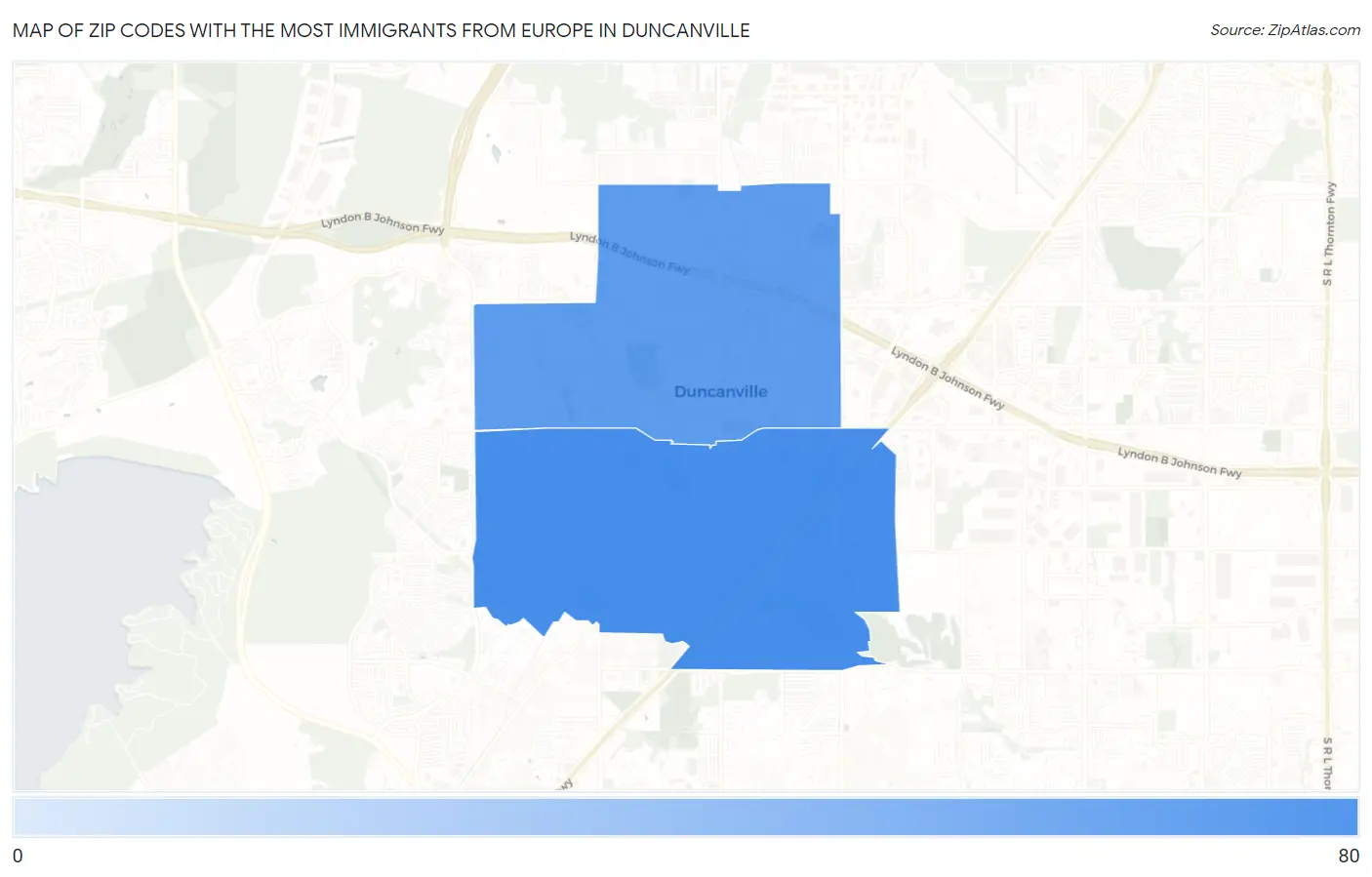 Zip Codes with the Most Immigrants from Europe in Duncanville Map