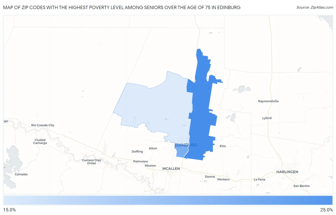 Zip Codes with the Highest Poverty Level Among Seniors Over the Age of 75 in Edinburg Map