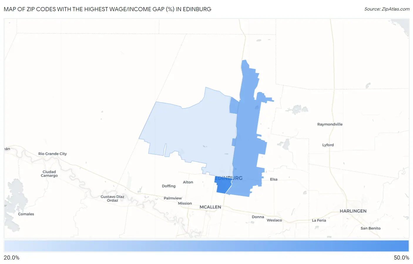 Zip Codes with the Highest Wage/Income Gap (%) in Edinburg Map