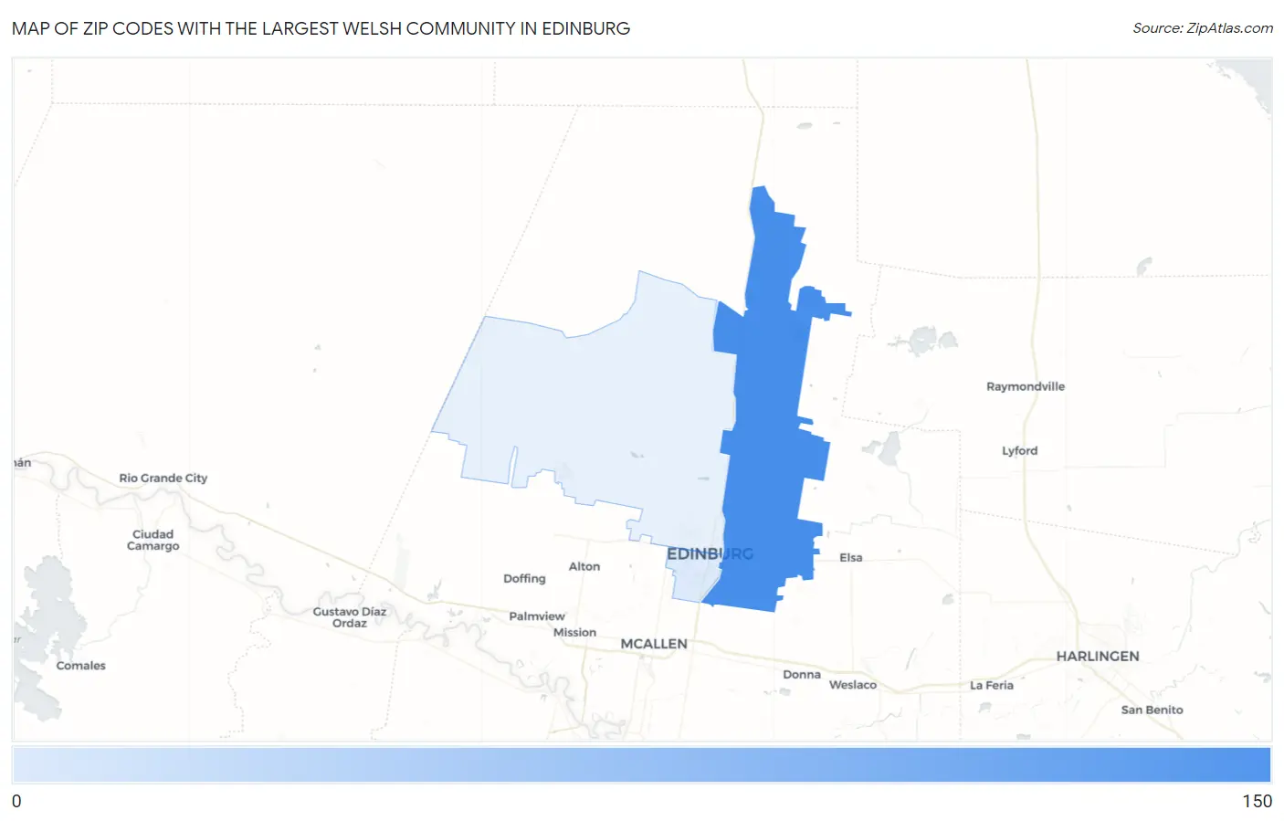 Zip Codes with the Largest Welsh Community in Edinburg Map