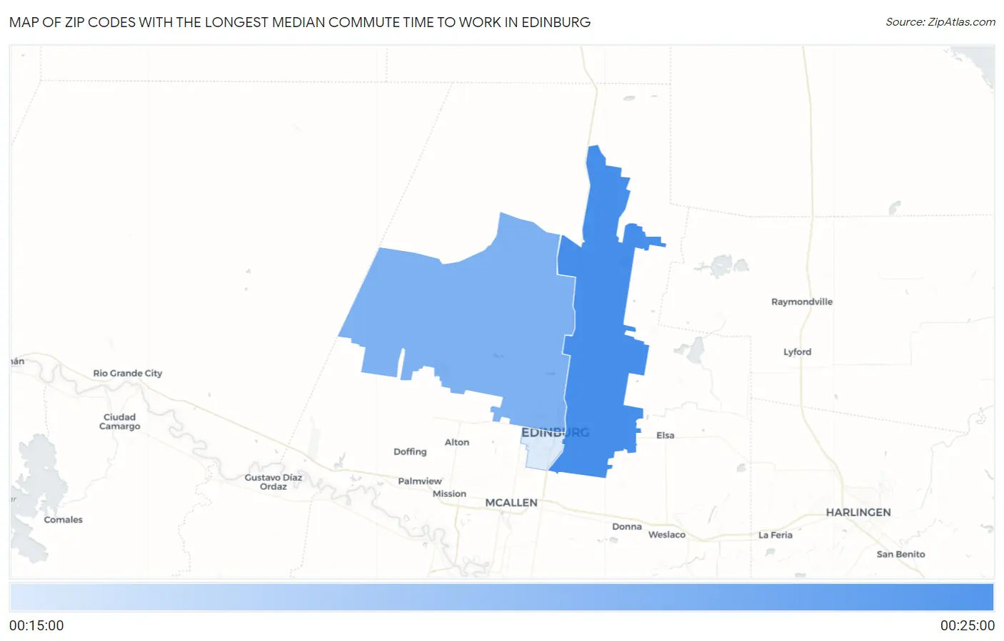 Zip Codes with the Longest Median Commute Time to Work in Edinburg Map
