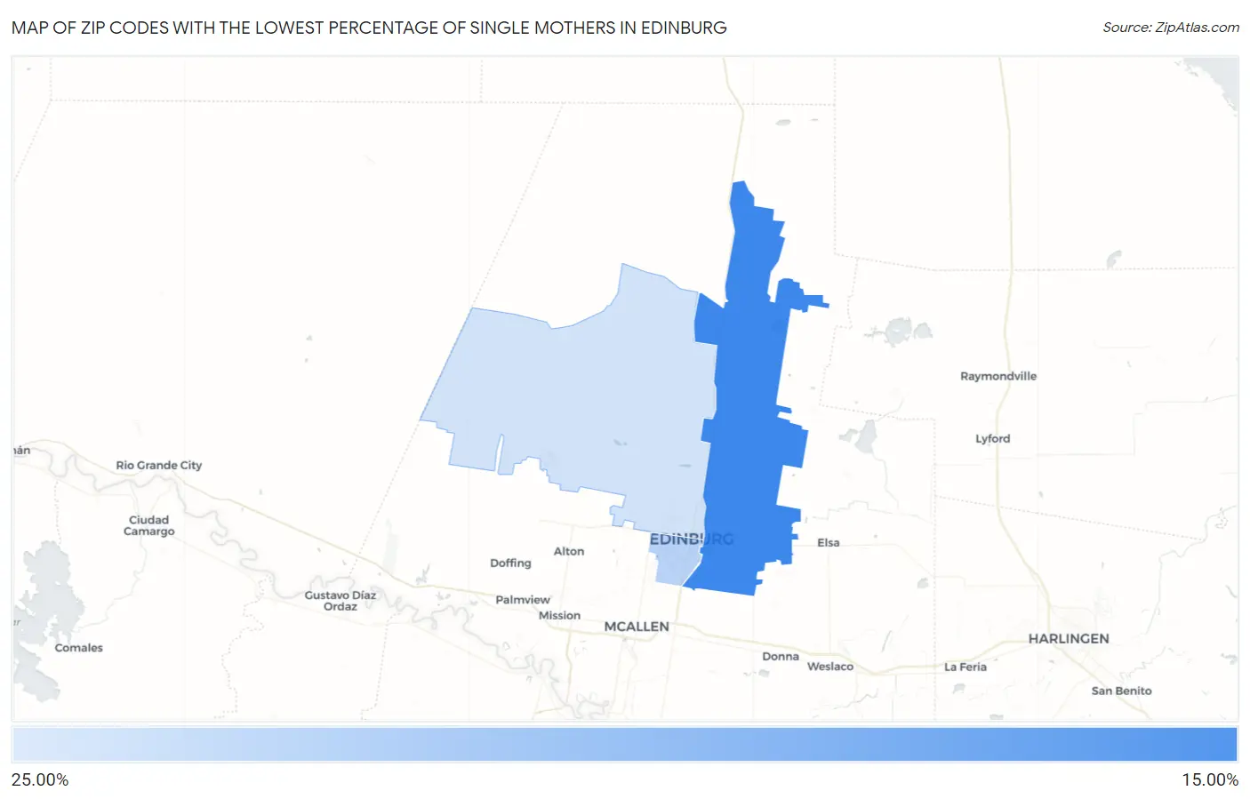Zip Codes with the Lowest Percentage of Single Mothers in Edinburg Map