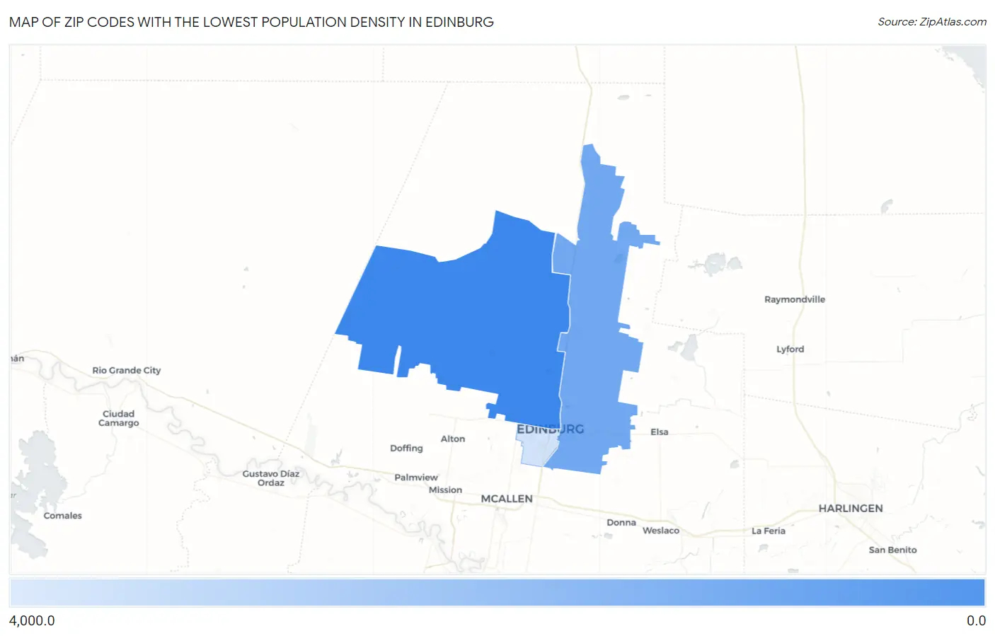 Zip Codes with the Lowest Population Density in Edinburg Map