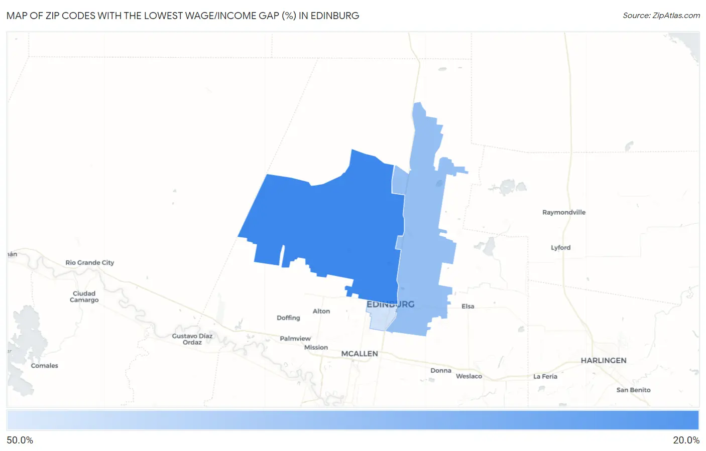 Zip Codes with the Lowest Wage/Income Gap (%) in Edinburg Map