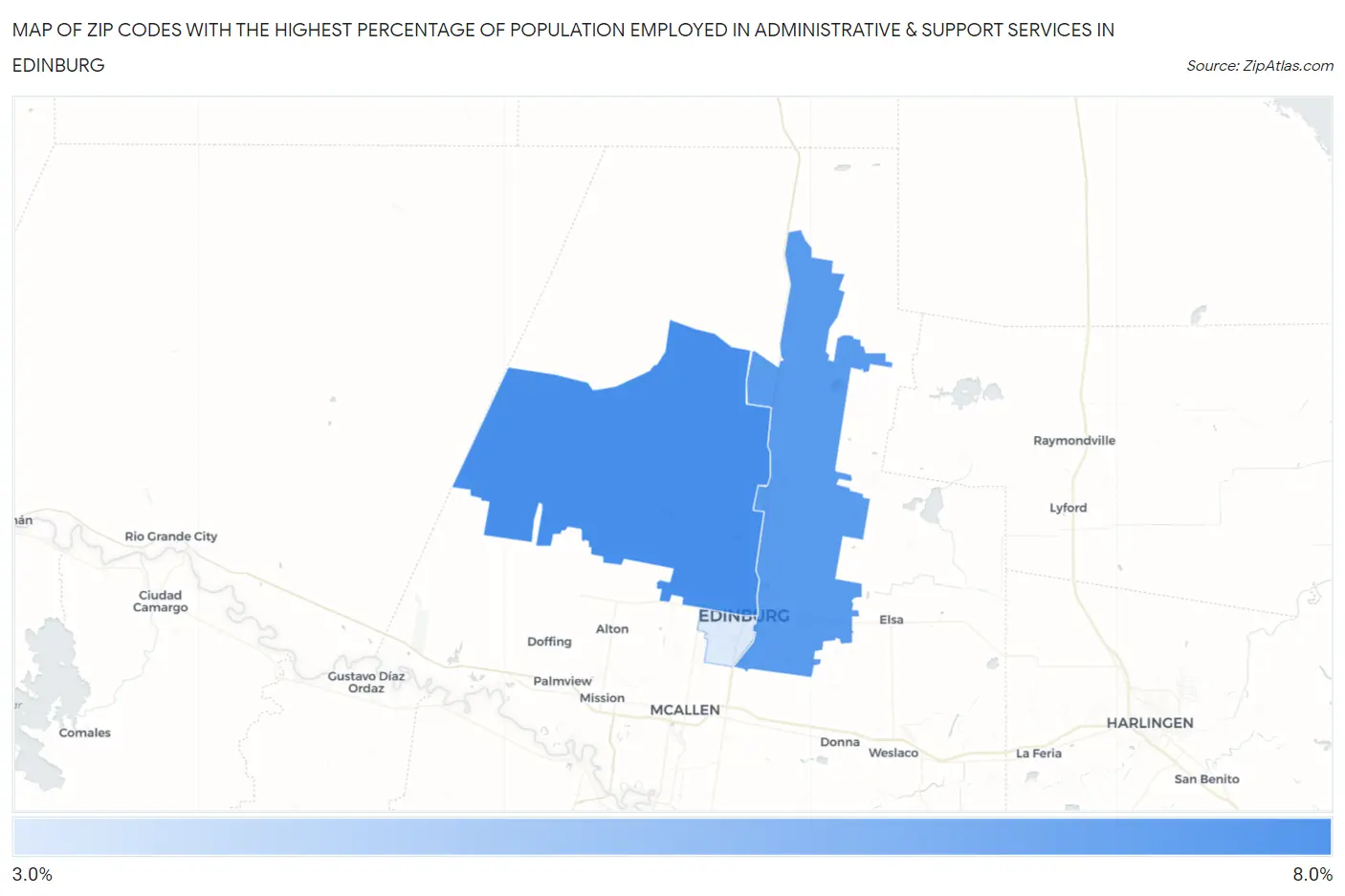 Zip Codes with the Highest Percentage of Population Employed in Administrative & Support Services in Edinburg Map