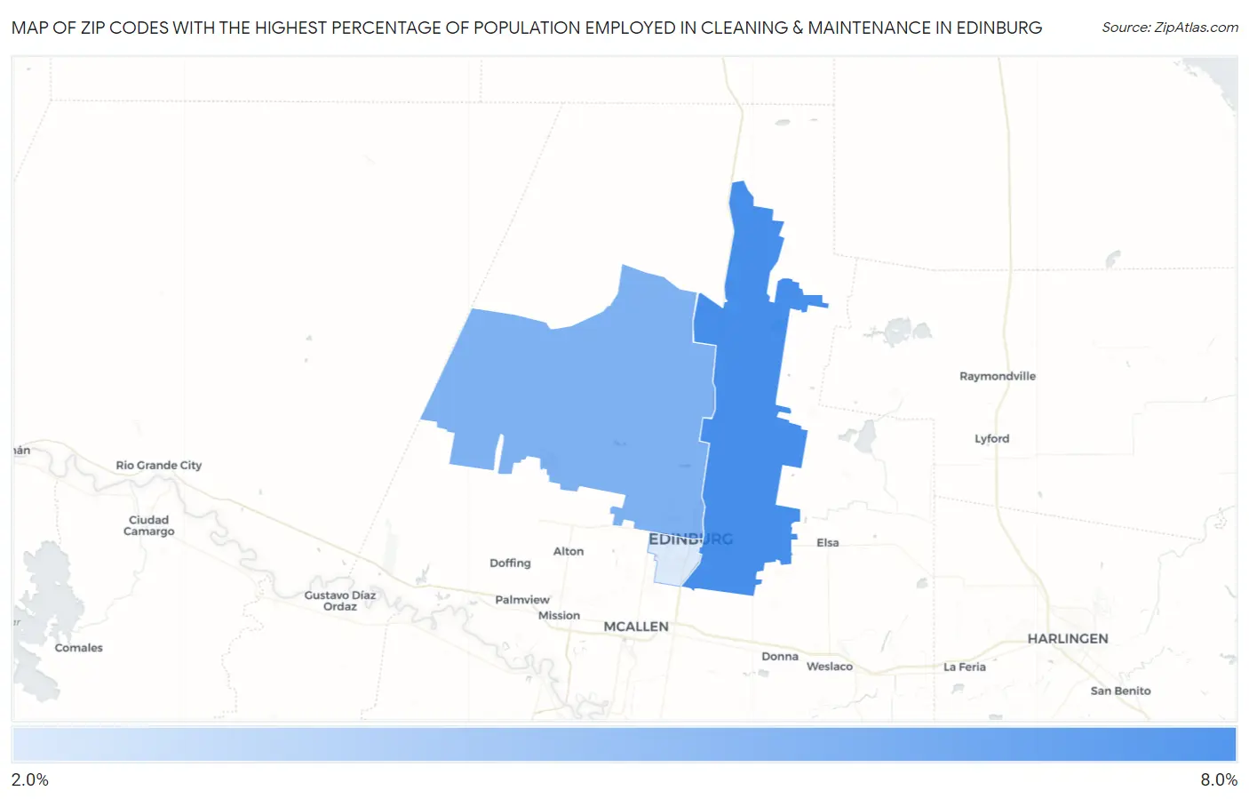 Zip Codes with the Highest Percentage of Population Employed in Cleaning & Maintenance in Edinburg Map