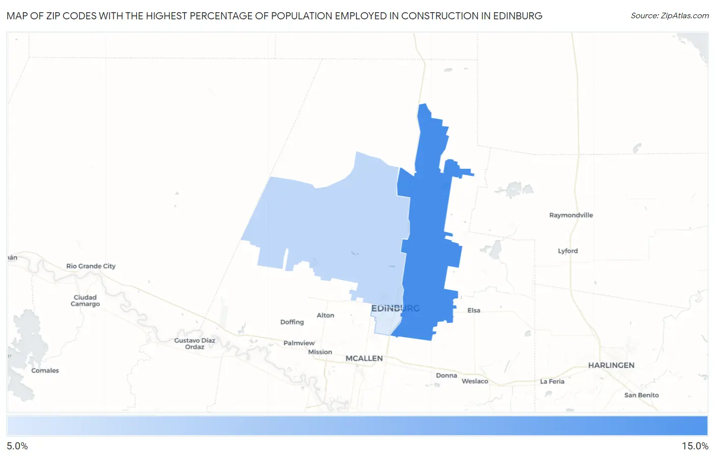 Zip Codes with the Highest Percentage of Population Employed in Construction in Edinburg Map