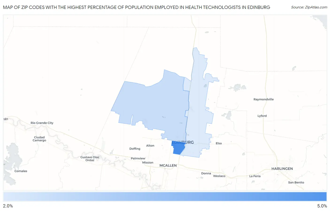 Zip Codes with the Highest Percentage of Population Employed in Health Technologists in Edinburg Map