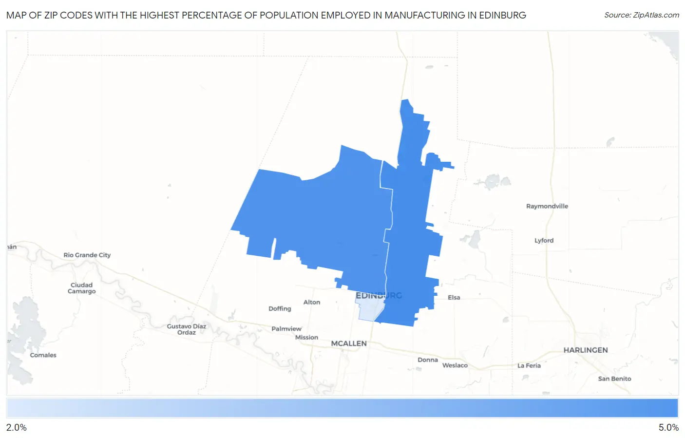 Zip Codes with the Highest Percentage of Population Employed in Manufacturing in Edinburg Map