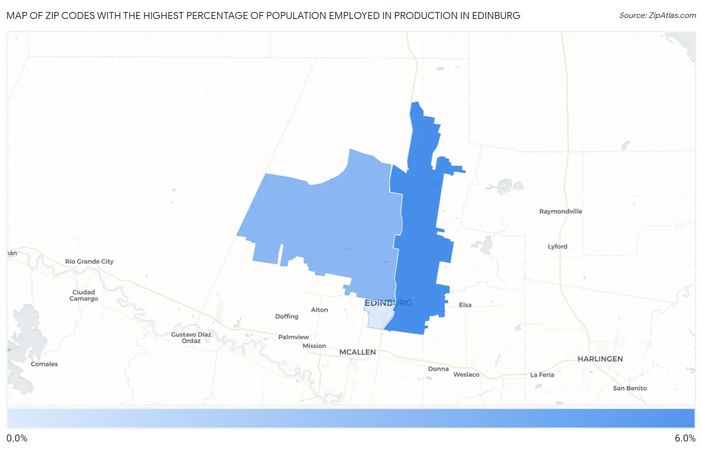 Zip Codes with the Highest Percentage of Population Employed in Production in Edinburg Map