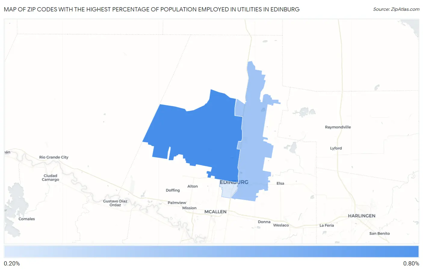 Zip Codes with the Highest Percentage of Population Employed in Utilities in Edinburg Map