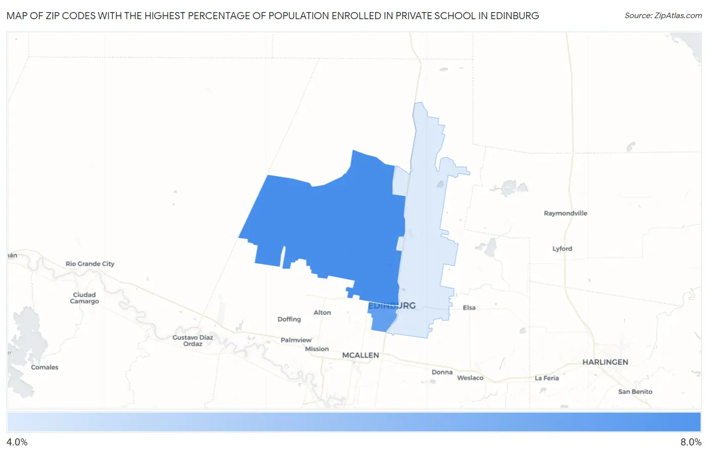 Zip Codes with the Highest Percentage of Population Enrolled in Private School in Edinburg Map