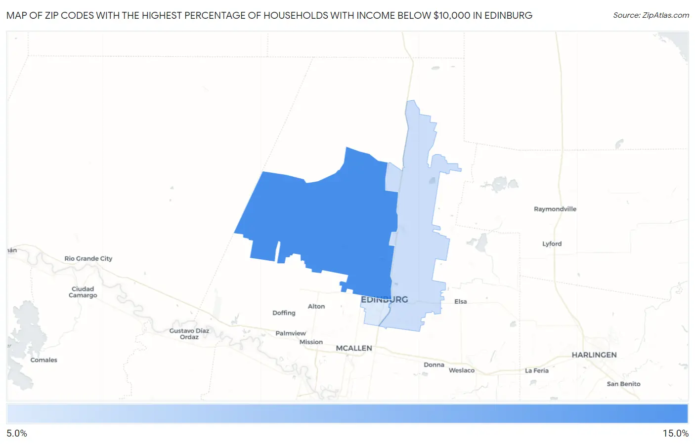 Zip Codes with the Highest Percentage of Households with Income Below $10,000 in Edinburg Map