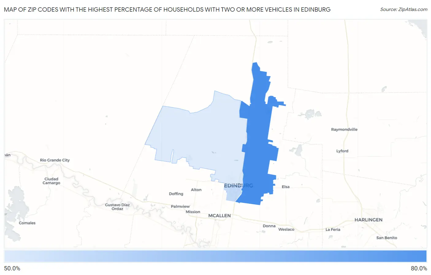 Zip Codes with the Highest Percentage of Households With Two or more Vehicles in Edinburg Map