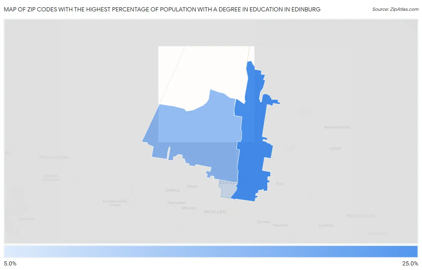 Zip Codes with the Highest Percentage of Population with a Degree in Education in Edinburg Map