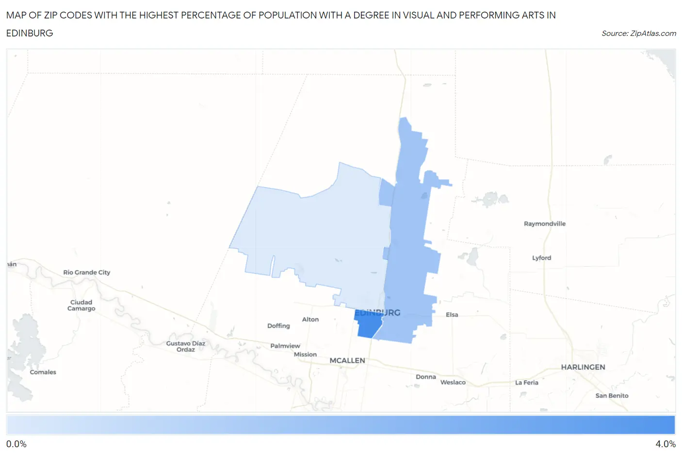 Zip Codes with the Highest Percentage of Population with a Degree in Visual and Performing Arts in Edinburg Map