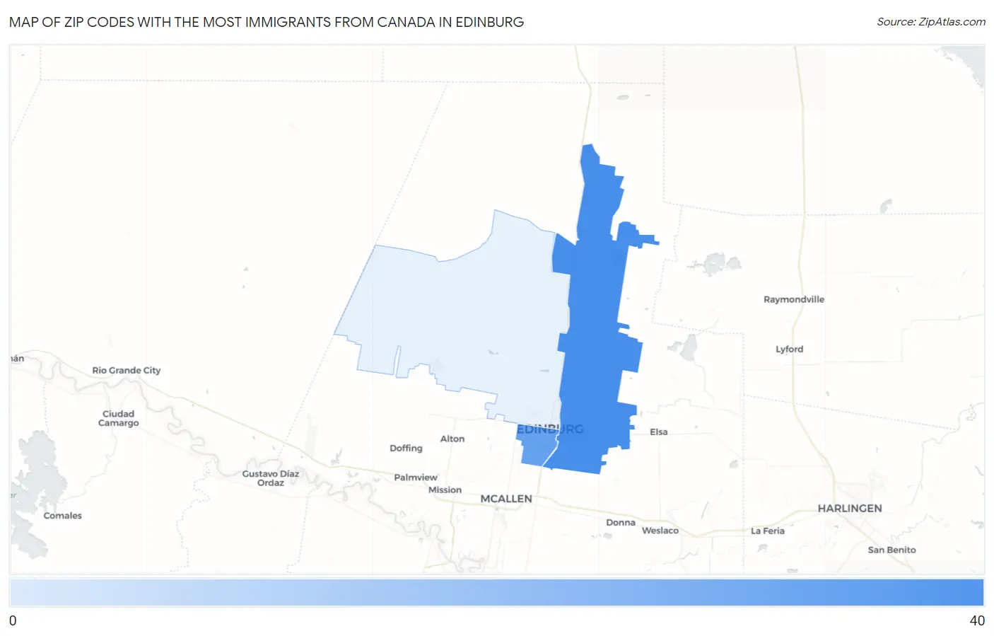 Zip Codes with the Most Immigrants from Canada in Edinburg Map