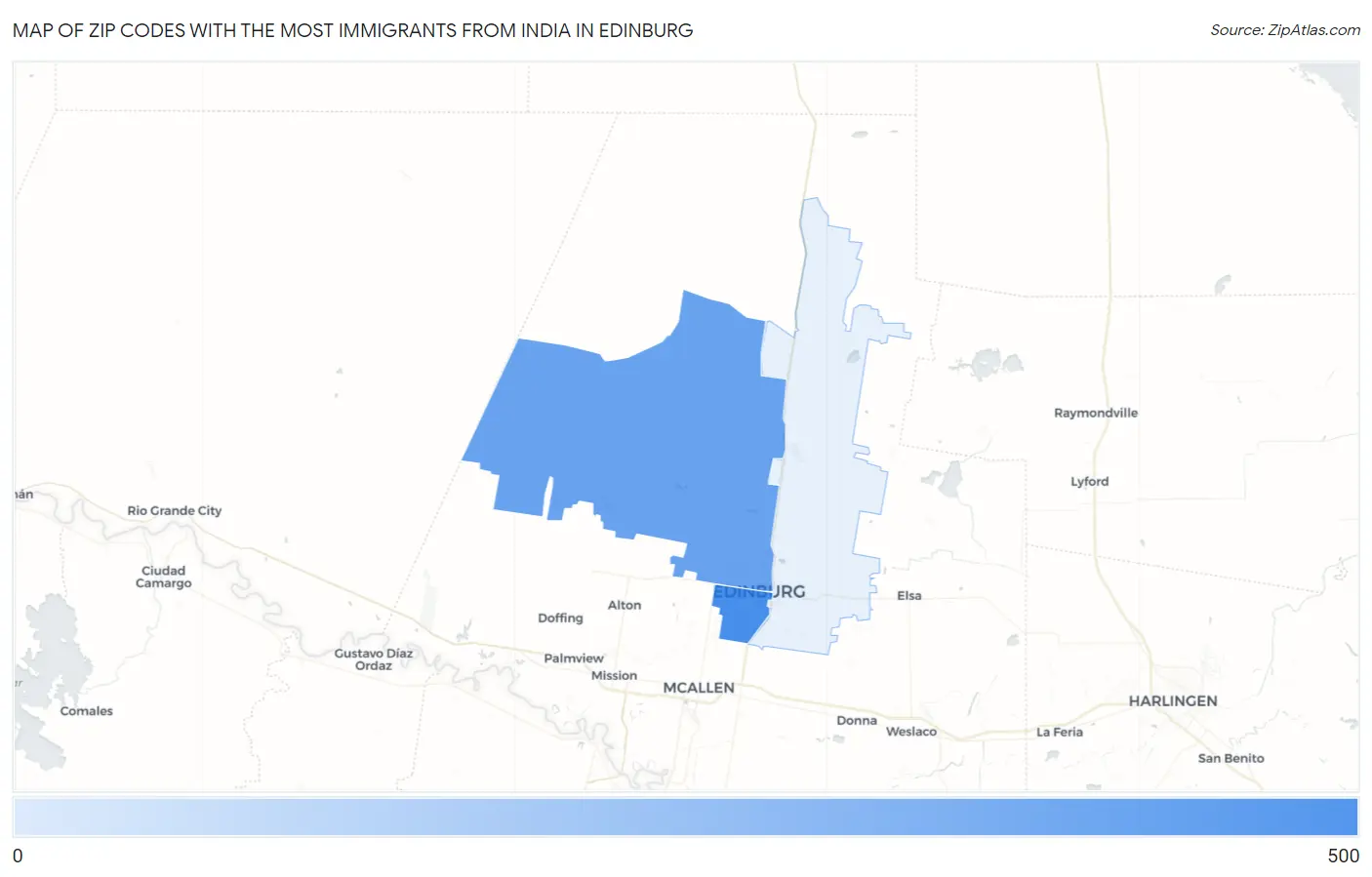 Zip Codes with the Most Immigrants from India in Edinburg Map