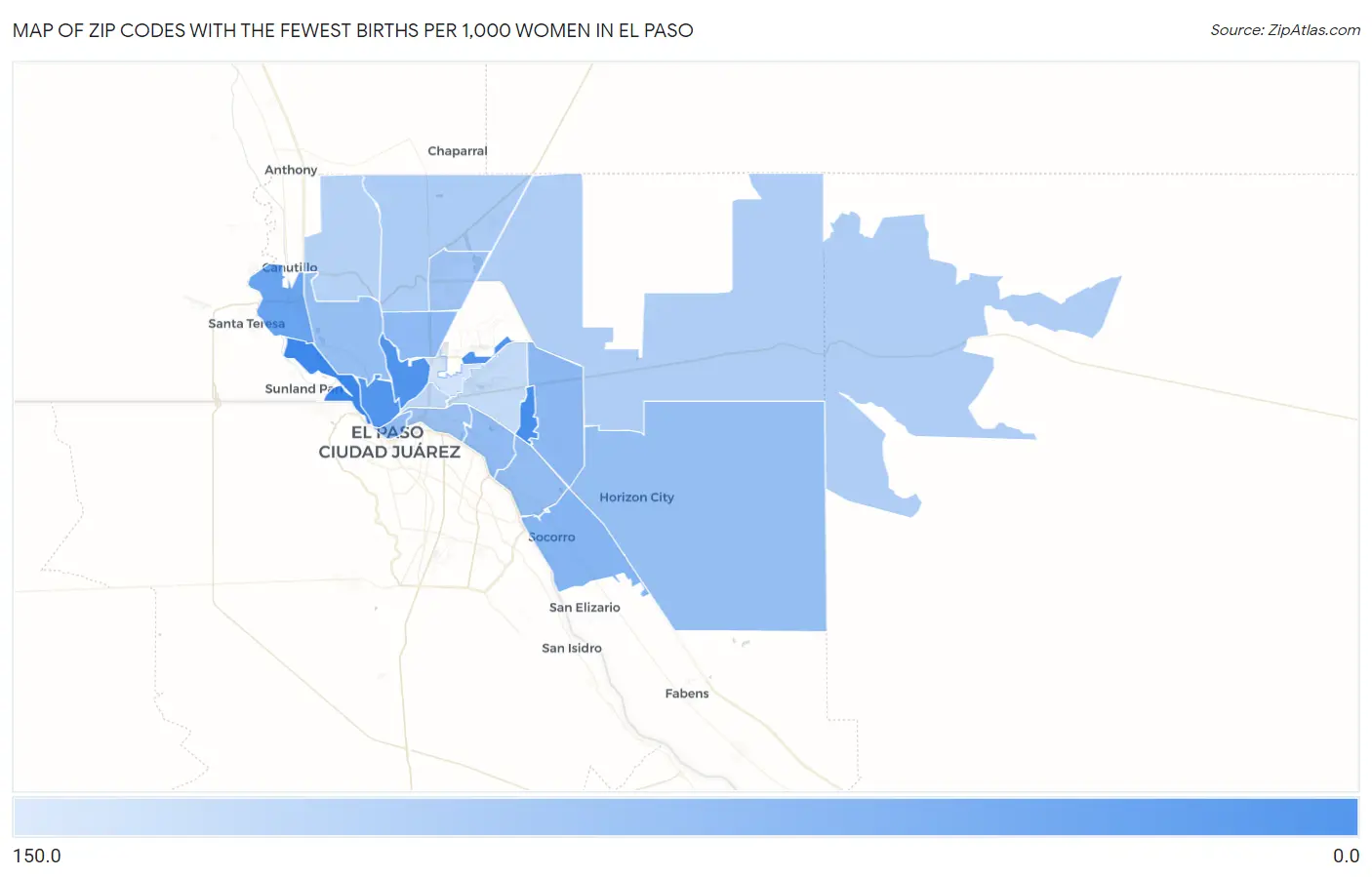 Zip Codes with the Fewest Births per 1,000 Women in El Paso Map