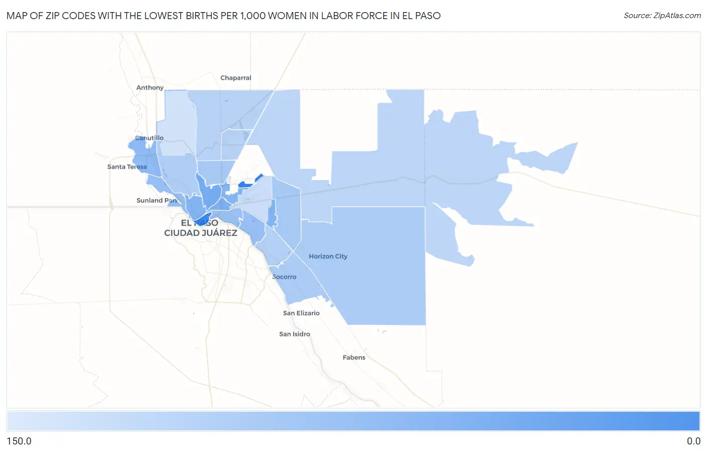 Zip Codes with the Lowest Births per 1,000 Women in Labor Force in El Paso Map