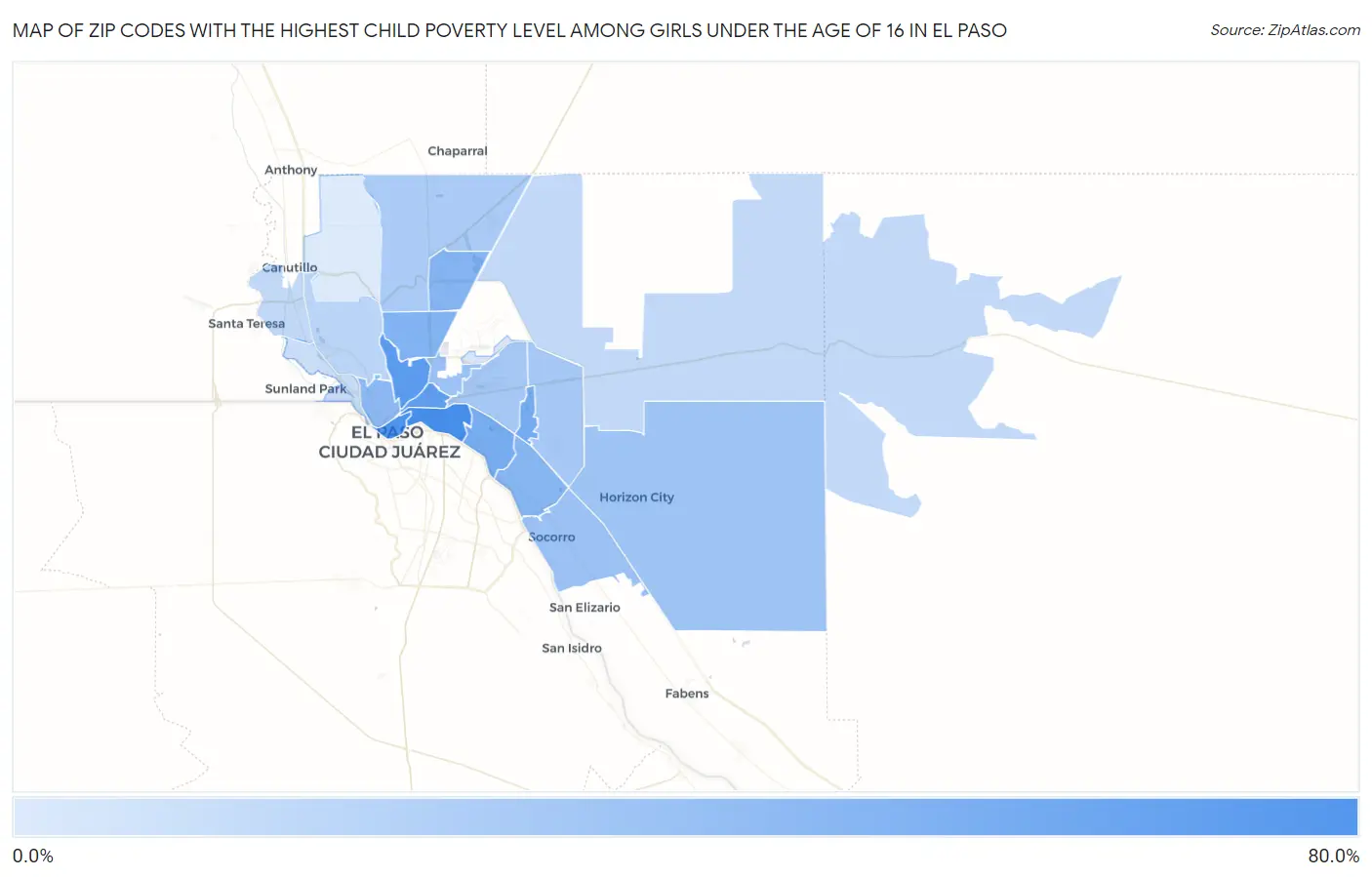 Zip Codes with the Highest Child Poverty Level Among Girls Under the Age of 16 in El Paso Map