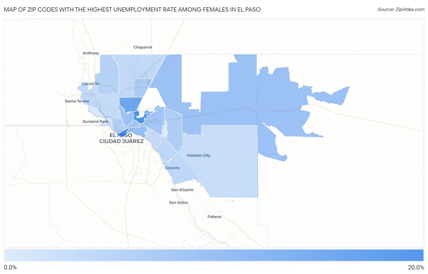 Zip Codes with the Highest Unemployment Rate Among Females in El Paso Map