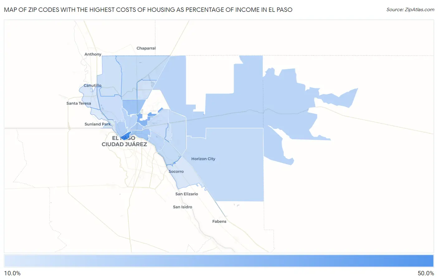 Zip Codes with the Highest Costs of Housing as Percentage of Income in El Paso Map