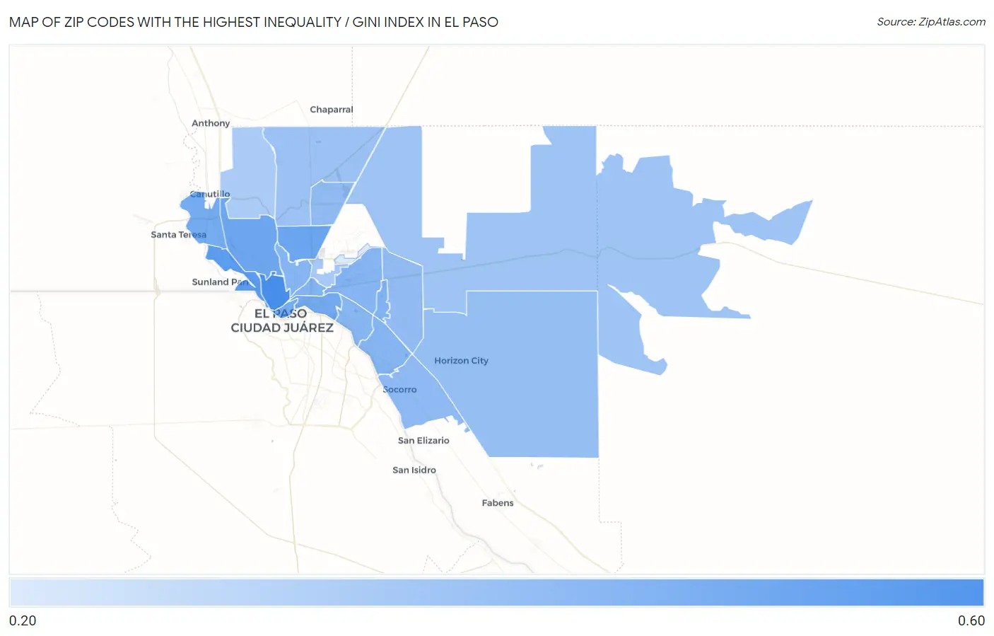 Zip Codes with the Highest Inequality / Gini Index in El Paso Map