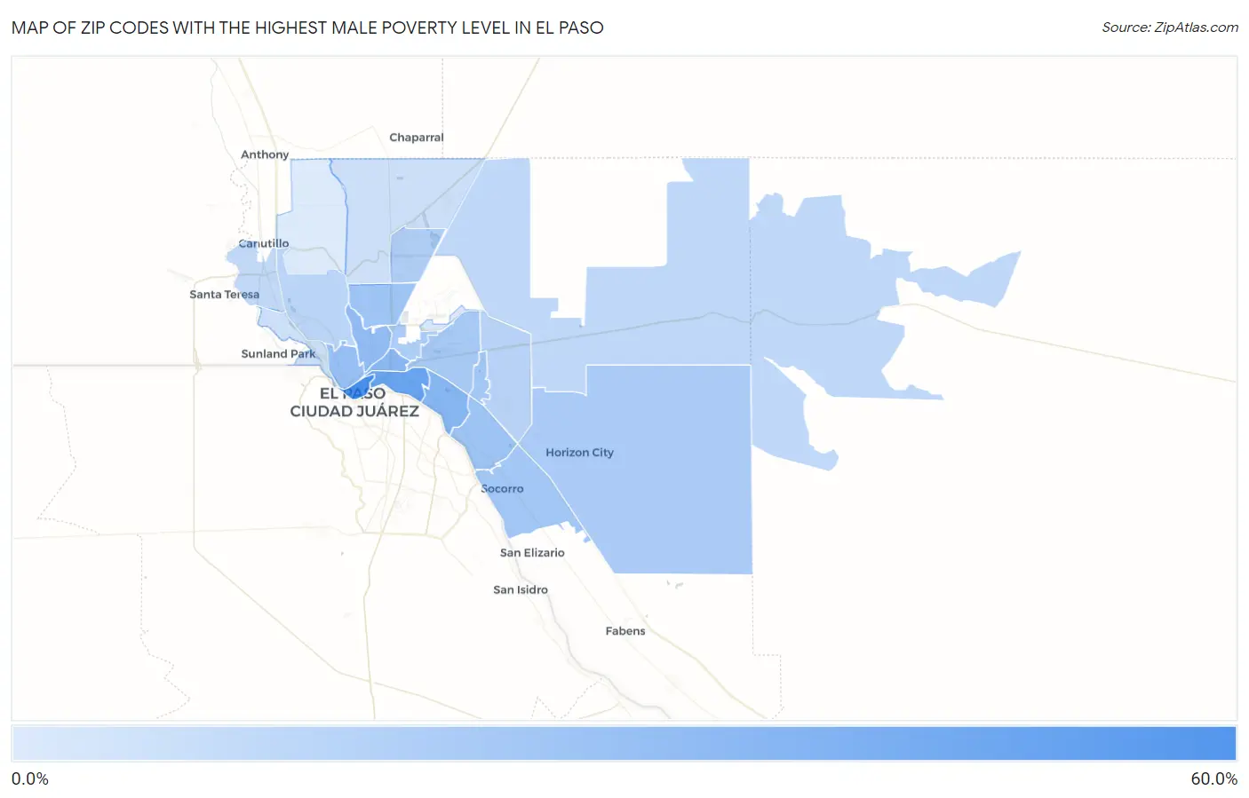Zip Codes with the Highest Male Poverty Level in El Paso Map