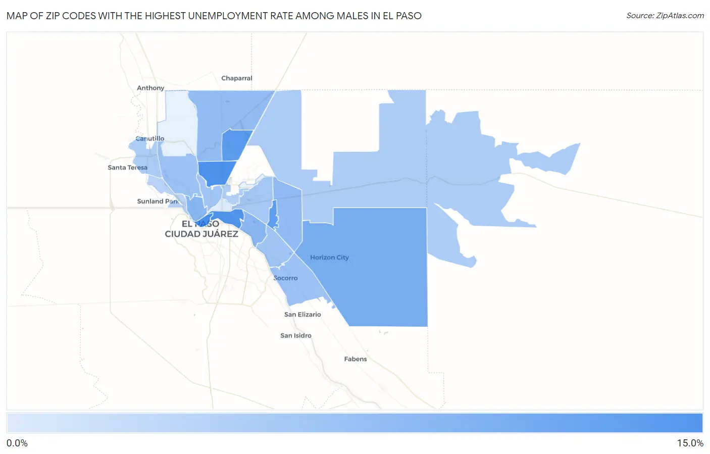 Zip Codes with the Highest Unemployment Rate Among Males in El Paso Map