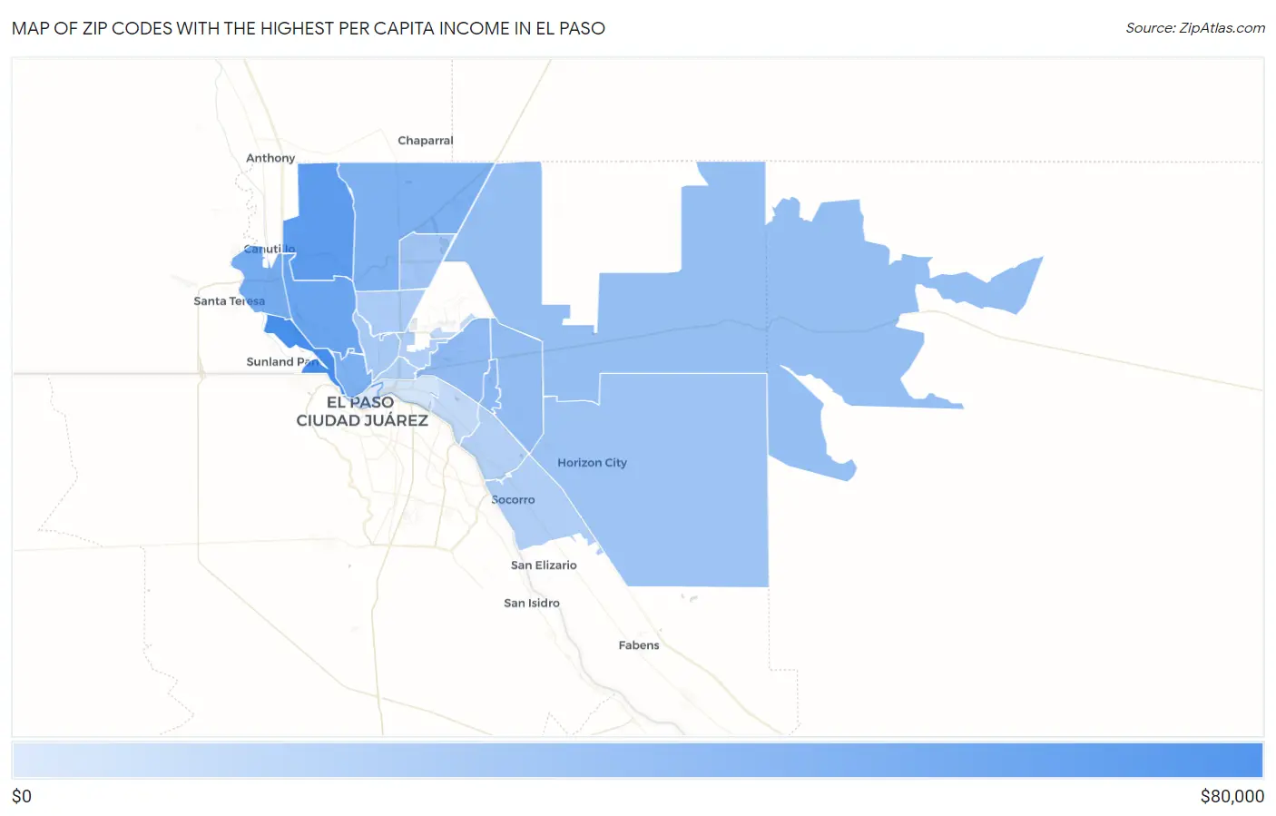 Zip Codes with the Highest Per Capita Income in El Paso Map