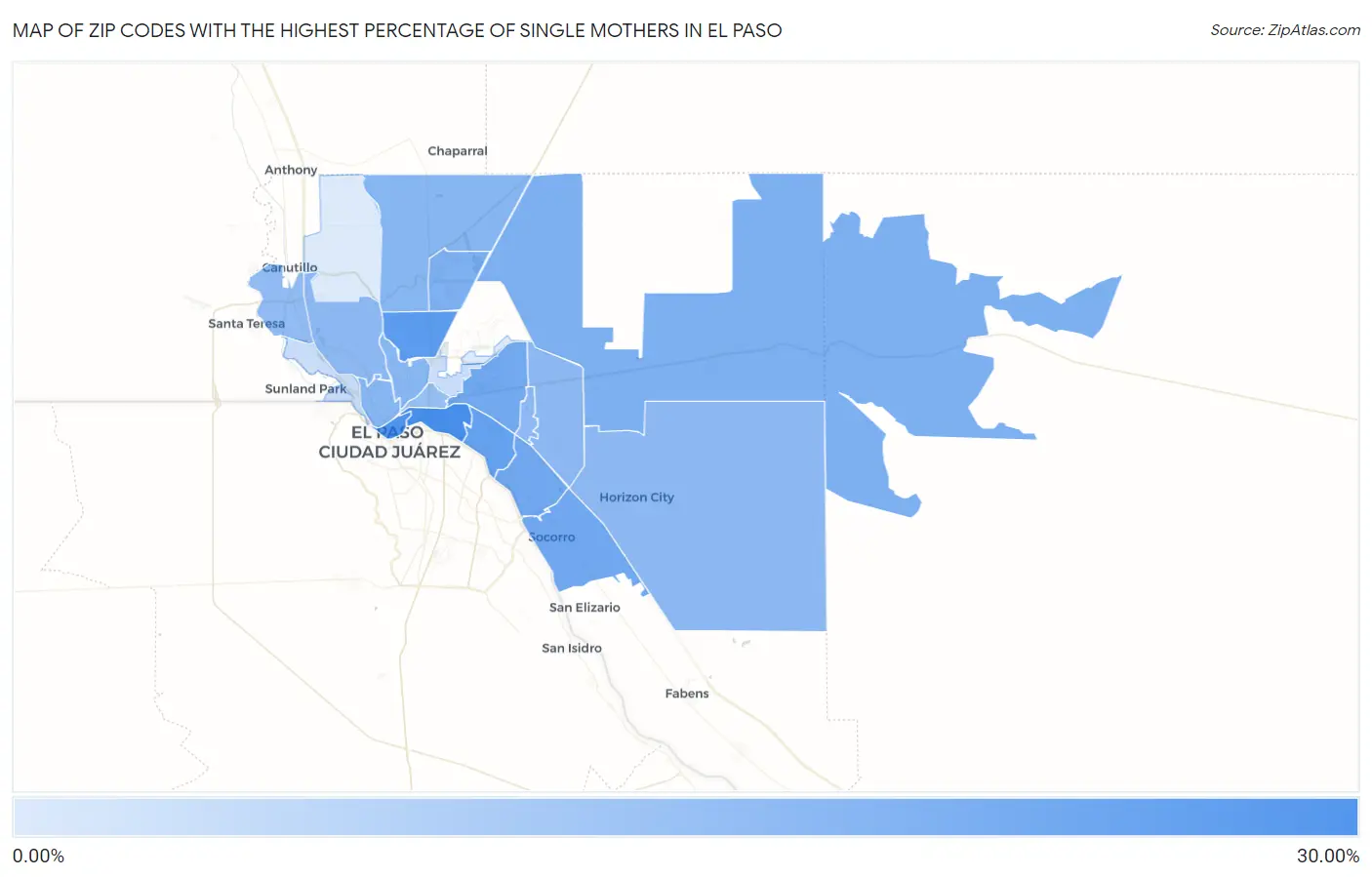 Zip Codes with the Highest Percentage of Single Mothers in El Paso Map