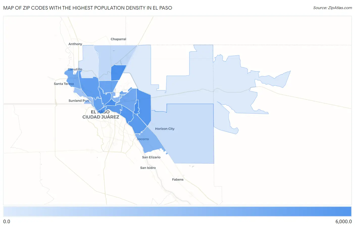 Zip Codes with the Highest Population Density in El Paso Map