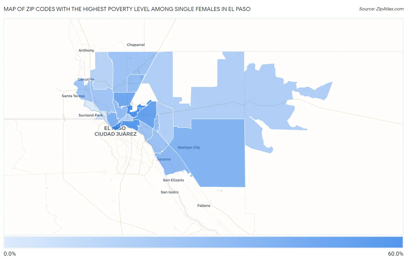Zip Codes with the Highest Poverty Level Among Single Females in El Paso Map