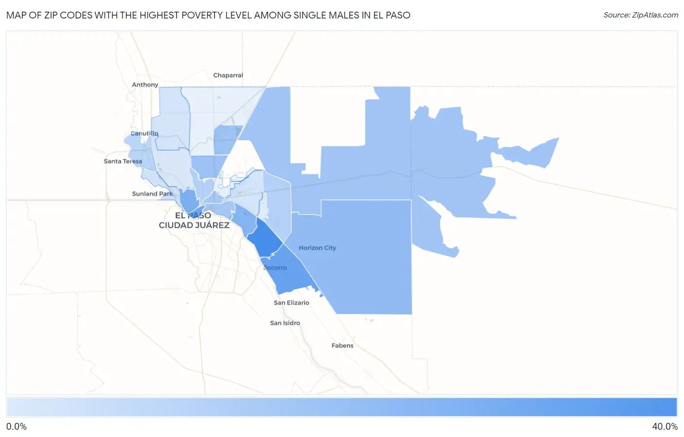 Zip Codes with the Highest Poverty Level Among Single Males in El Paso Map