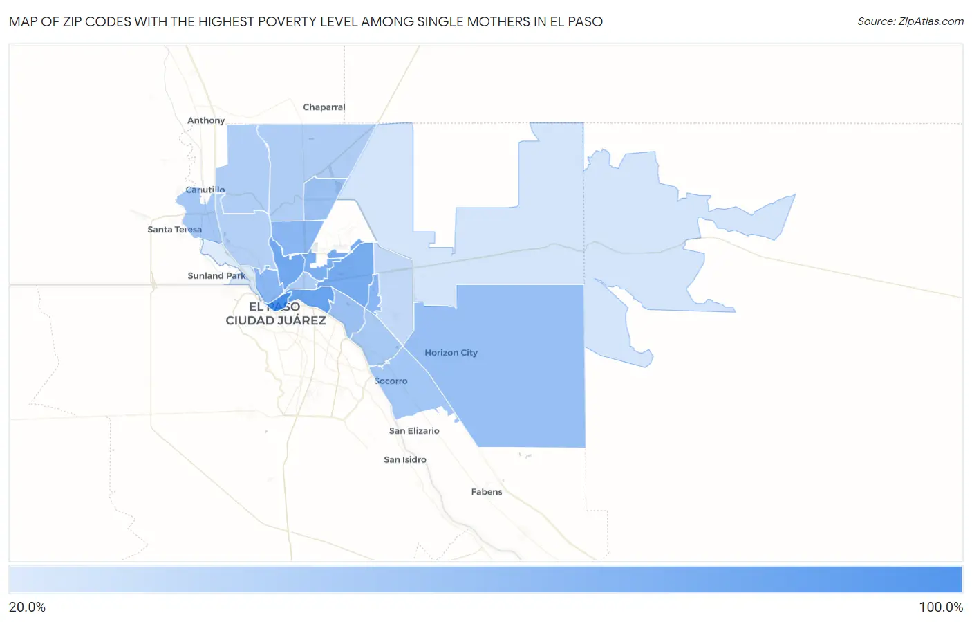 Zip Codes with the Highest Poverty Level Among Single Mothers in El Paso Map