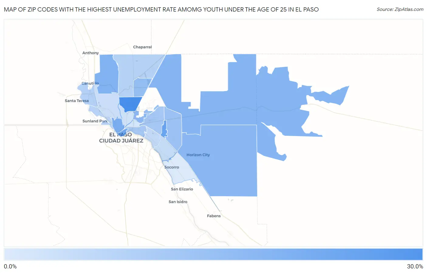 Zip Codes with the Highest Unemployment Rate Amomg Youth Under the Age of 25 in El Paso Map