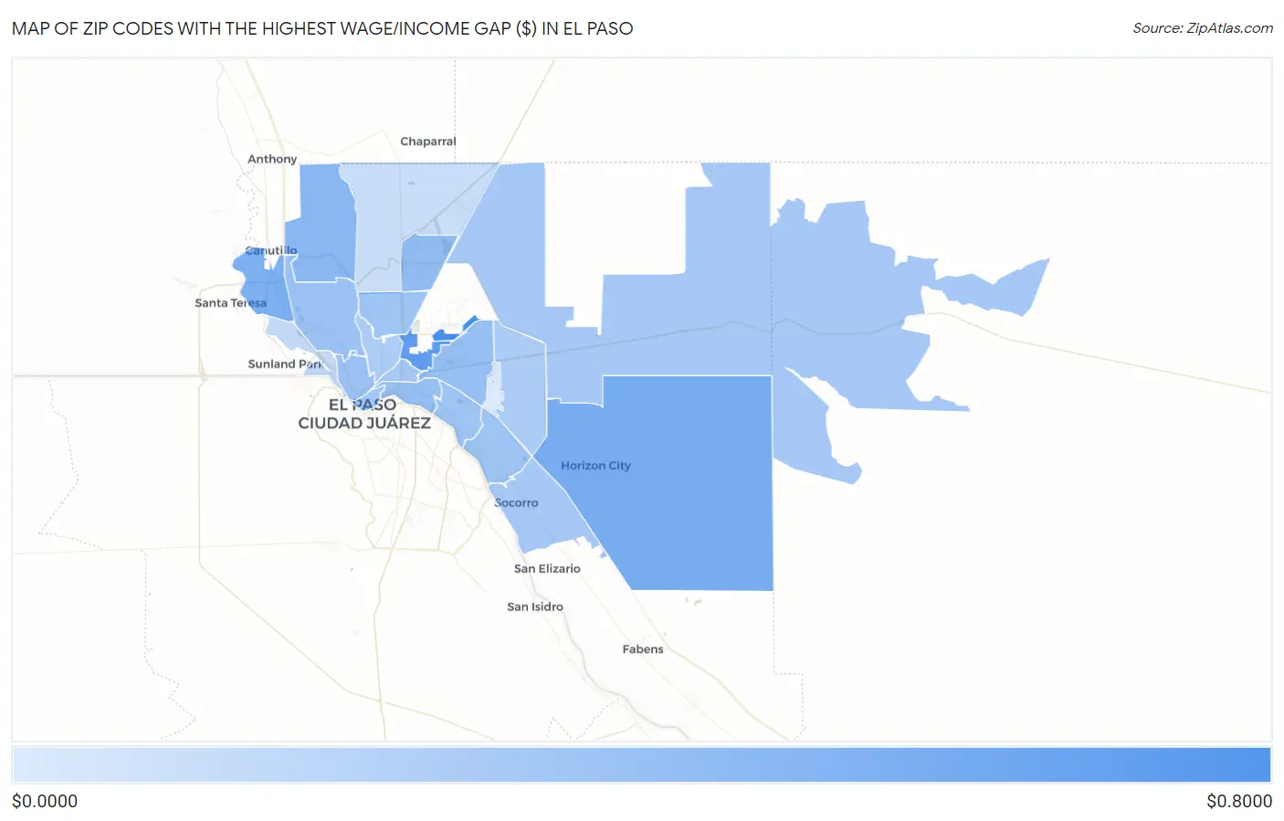 Zip Codes with the Highest Wage/Income Gap ($) in El Paso Map