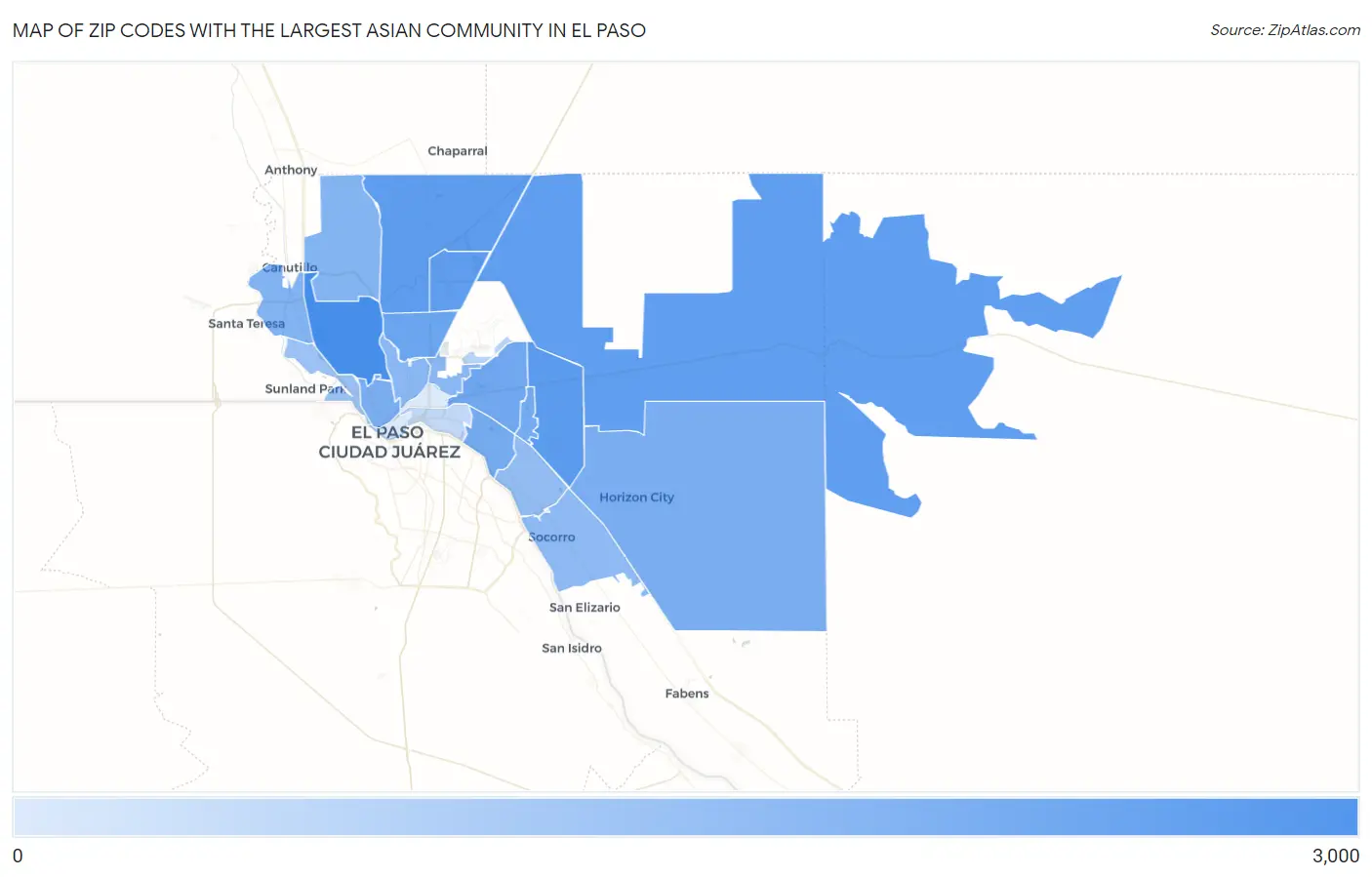 Zip Codes with the Largest Asian Community in El Paso Map