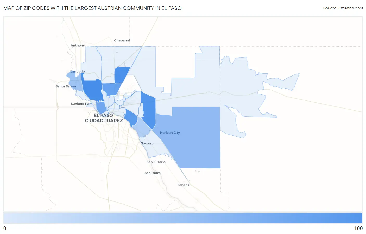 Zip Codes with the Largest Austrian Community in El Paso Map