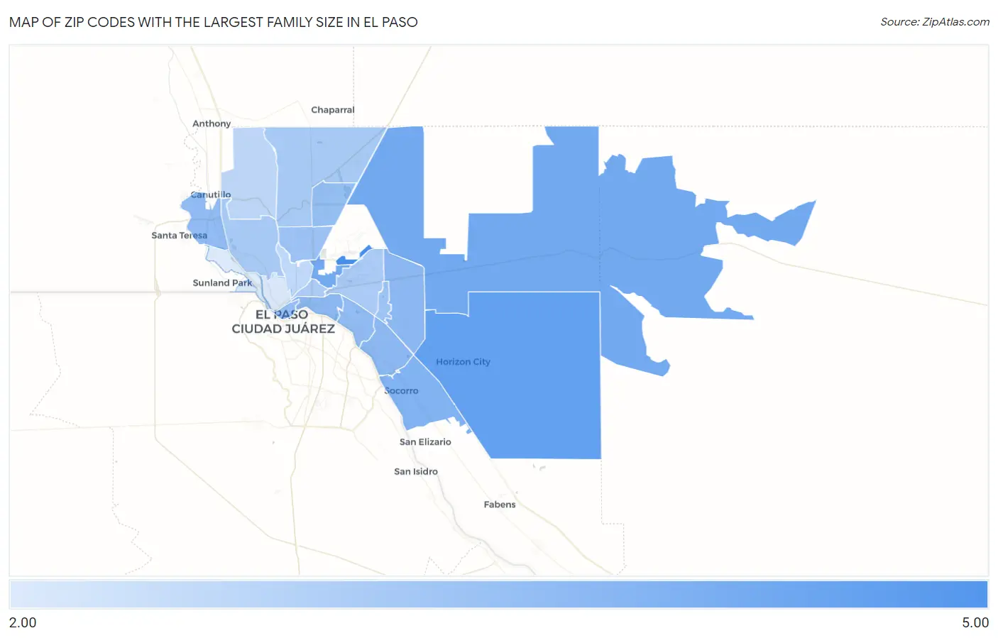 Zip Codes with the Largest Family Size in El Paso Map