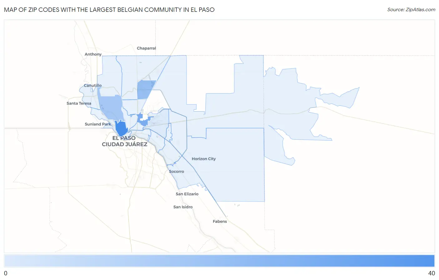 Zip Codes with the Largest Belgian Community in El Paso Map