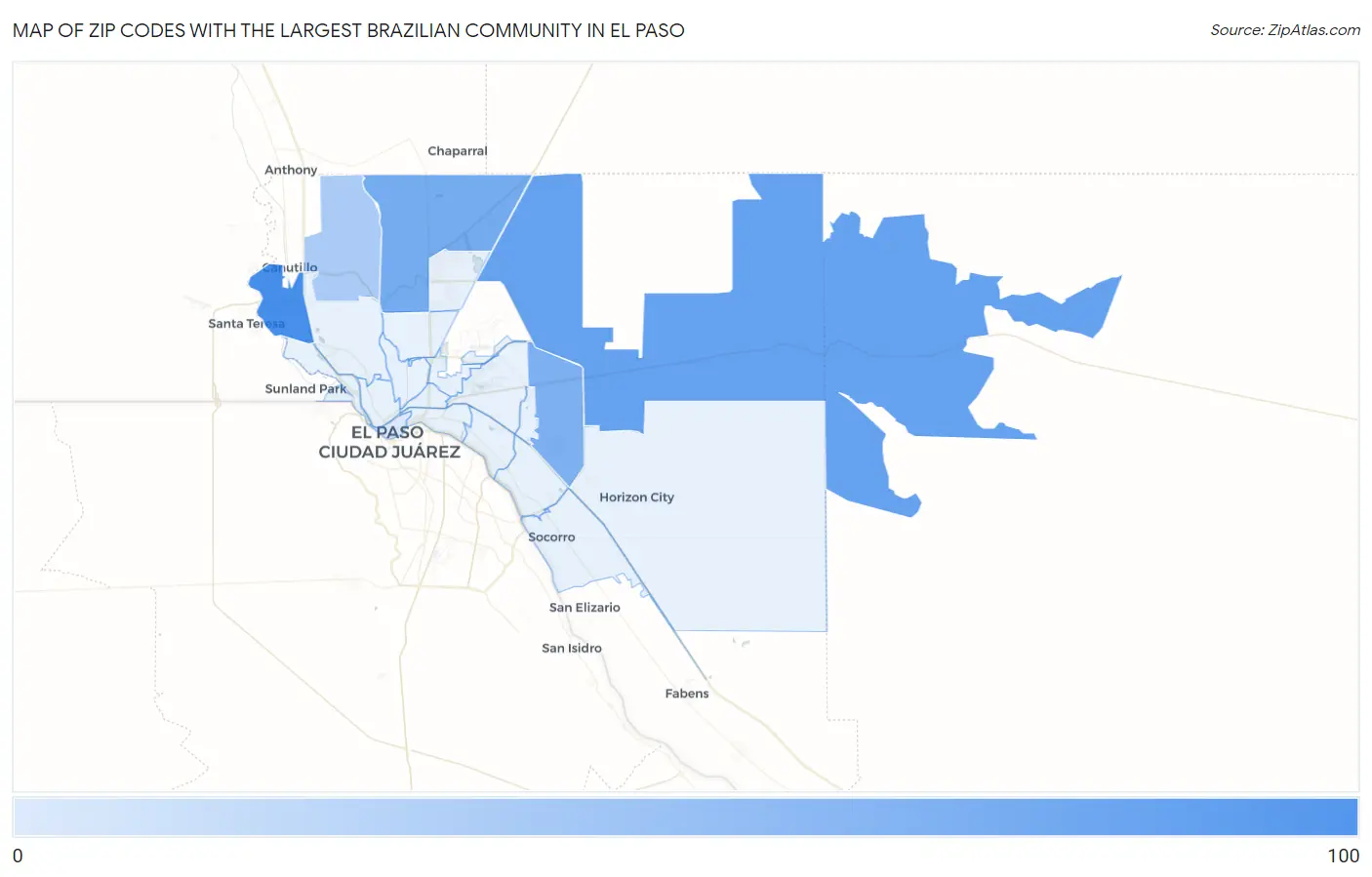Zip Codes with the Largest Brazilian Community in El Paso Map
