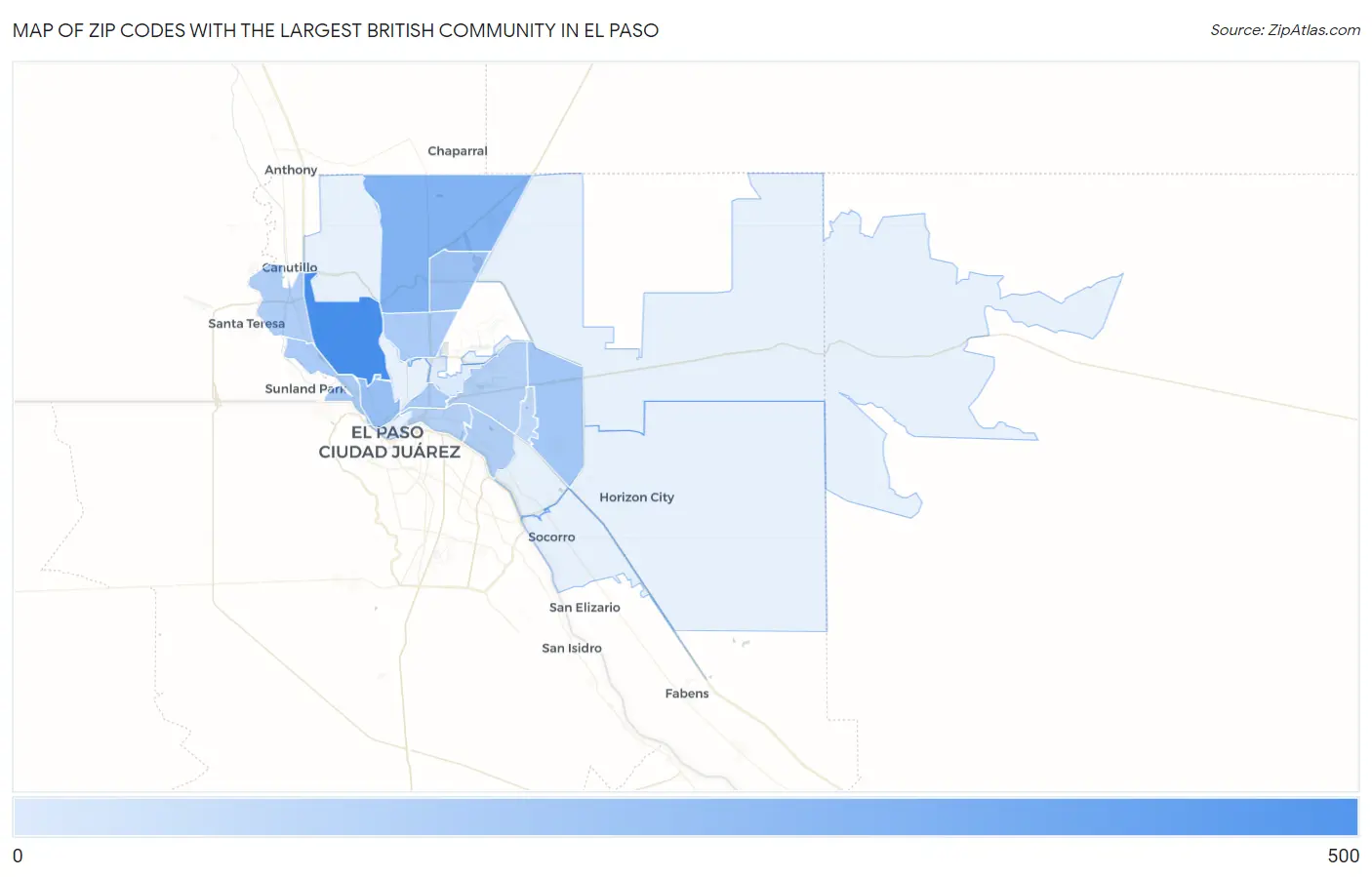 Zip Codes with the Largest British Community in El Paso Map