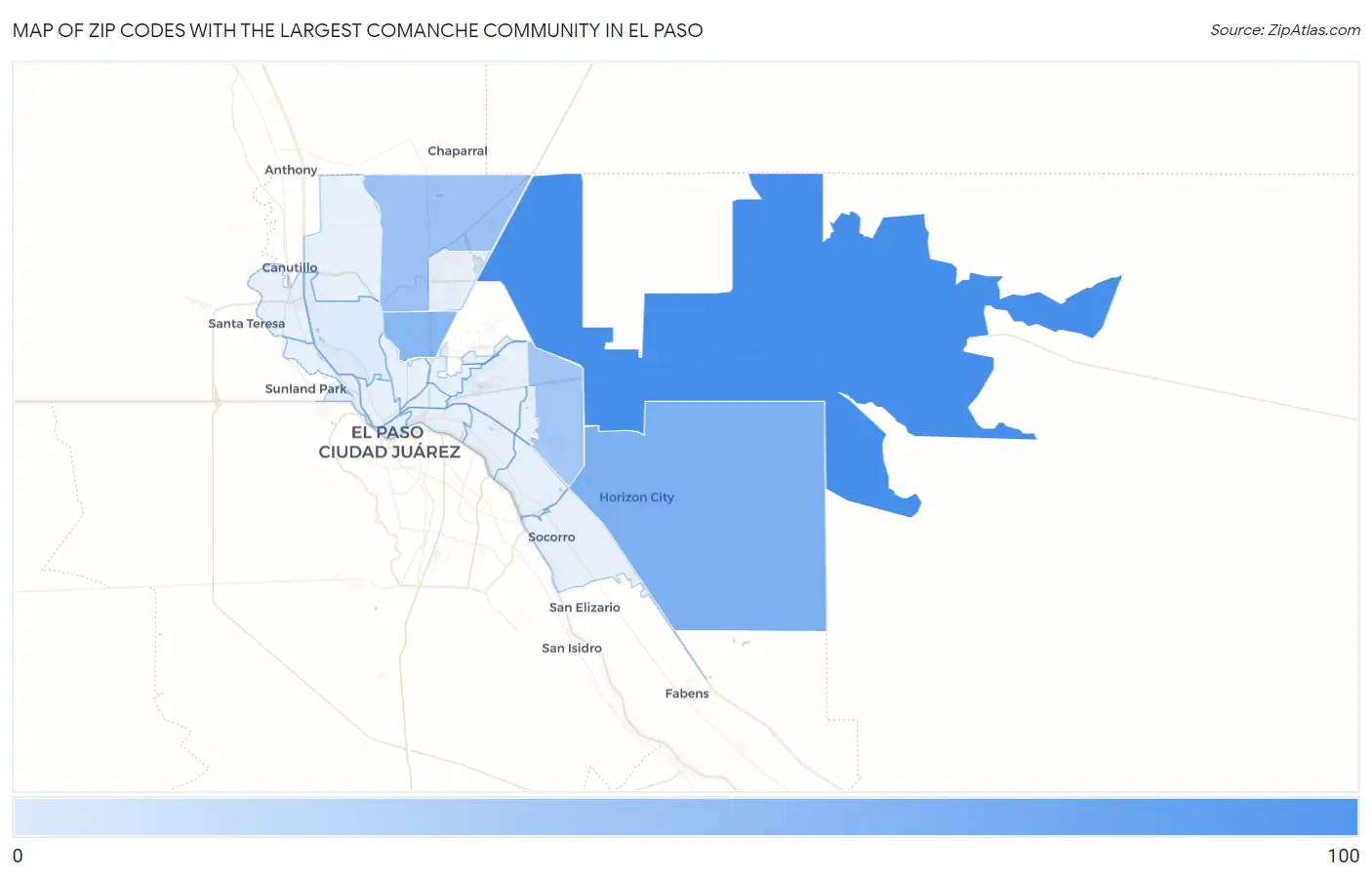 Zip Codes with the Largest Comanche Community in El Paso Map
