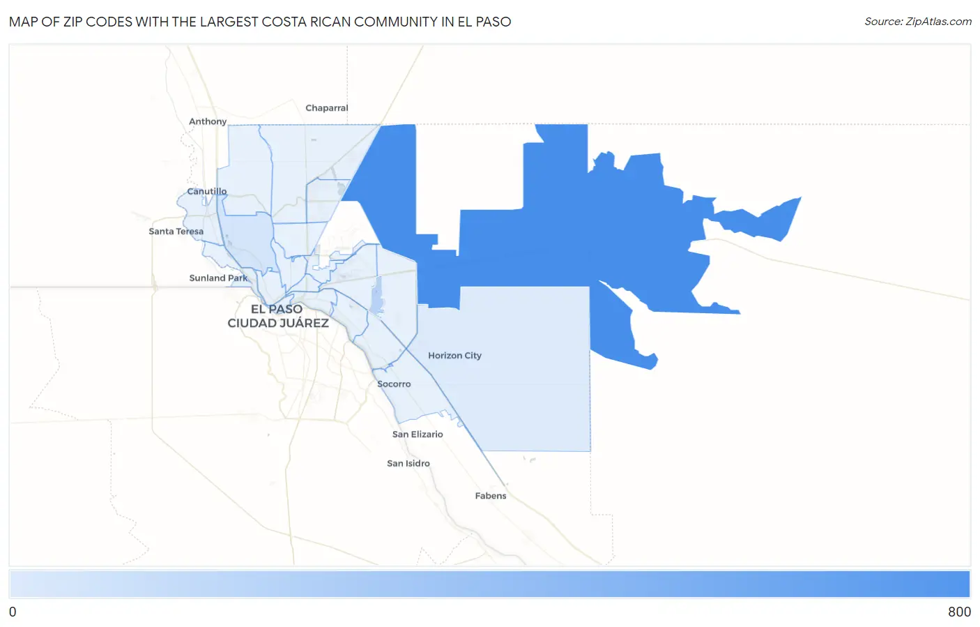 Zip Codes with the Largest Costa Rican Community in El Paso Map