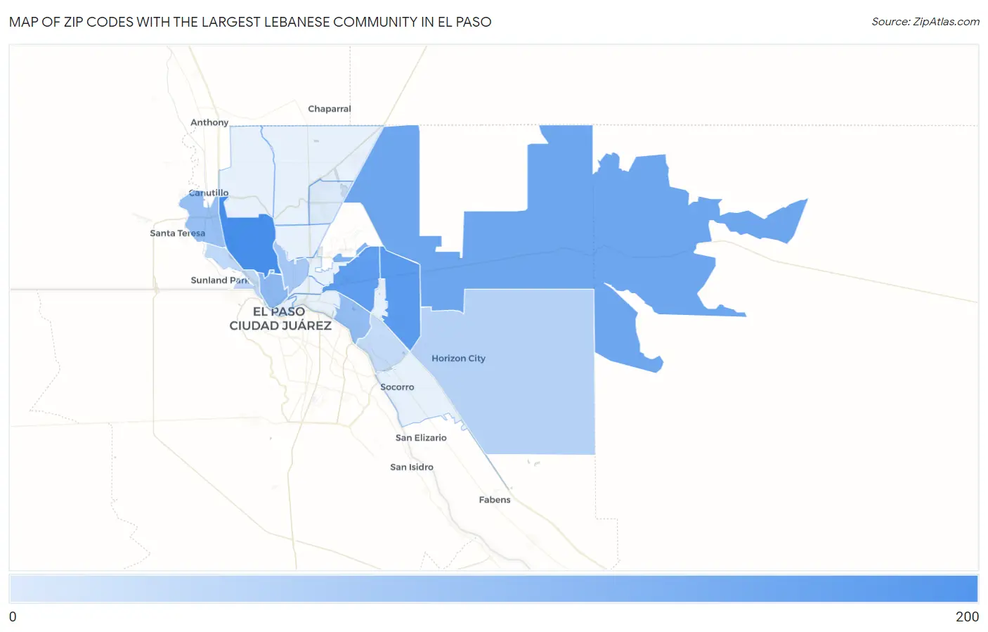Zip Codes with the Largest Lebanese Community in El Paso Map